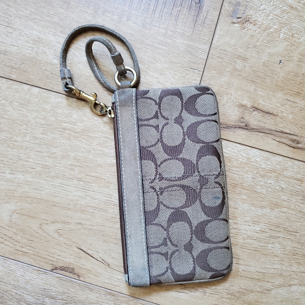 Coach All - Over Logo Brown Leather Jacquard Wristlet with Glass beads